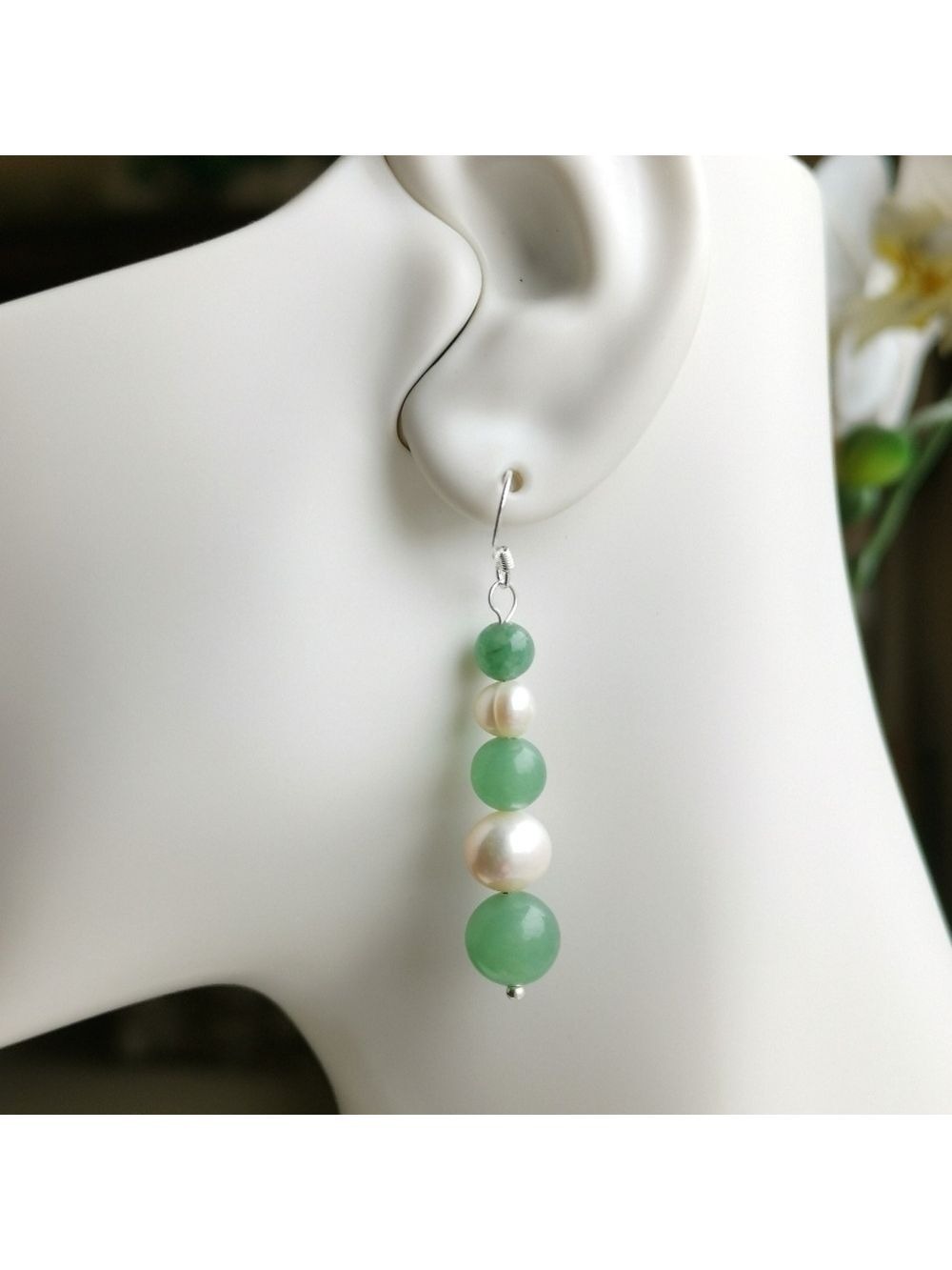 Green Aventurine White Freshwater Pearl Dangle  Earrings 🆕